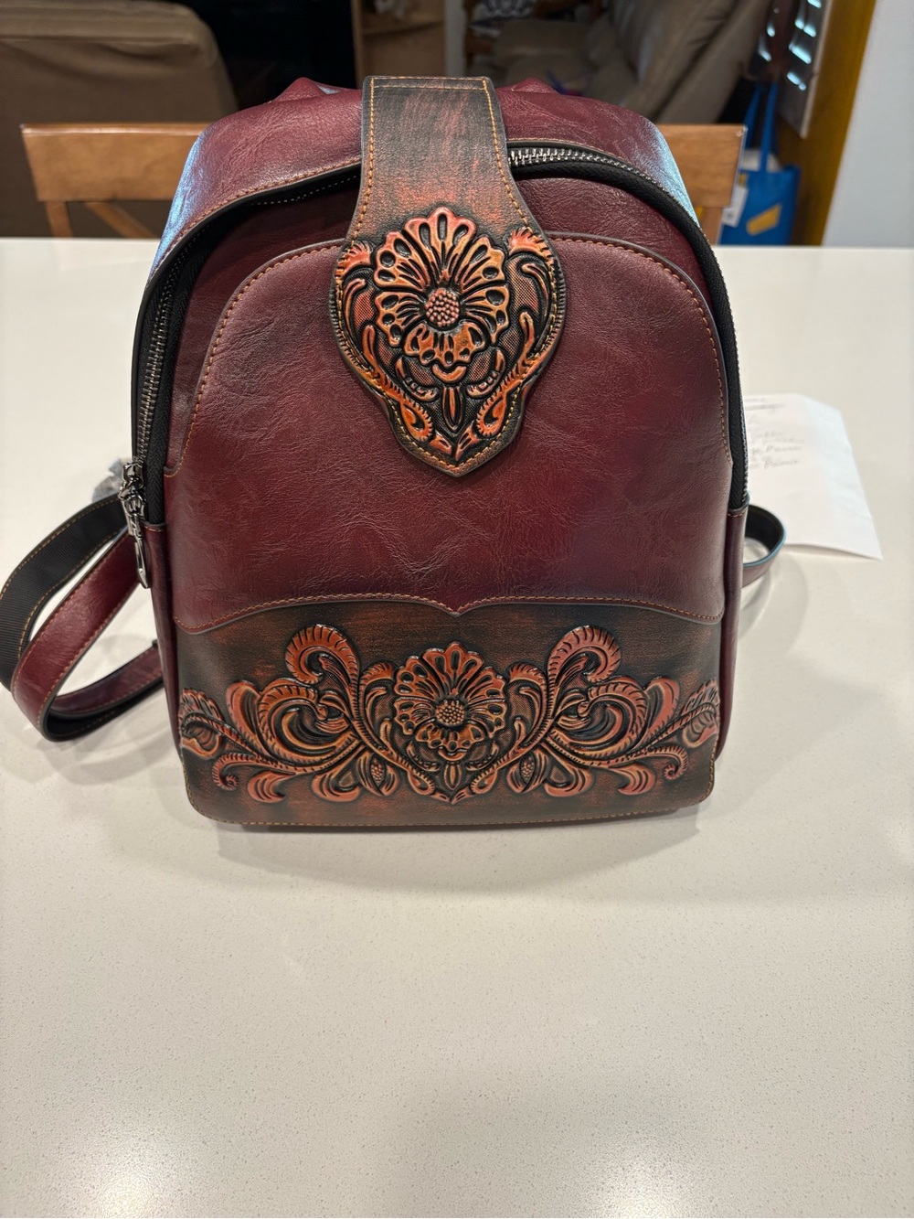 Embossed Floral  Mini Backpack in Deep Burgundy